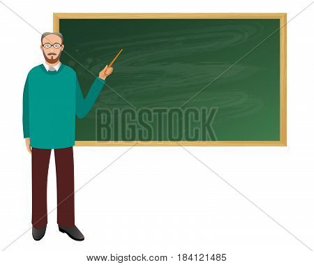 .Teacher with pointer showing on board on lesson at blackboard in classroom..For Teachers Day Holidays greeting card template. Flat design.
