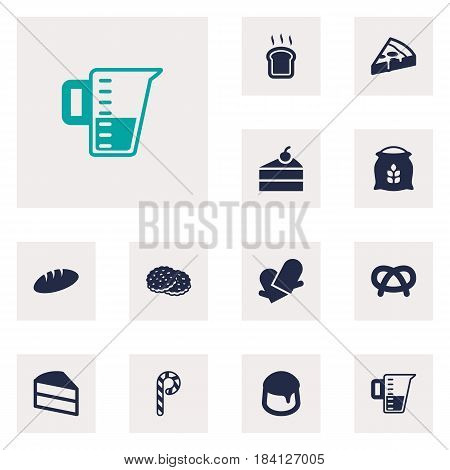 Set Of 12  Icons Set.Collection Of Striped Lollipop, Slice Bread, Shortcake And Other Elements.