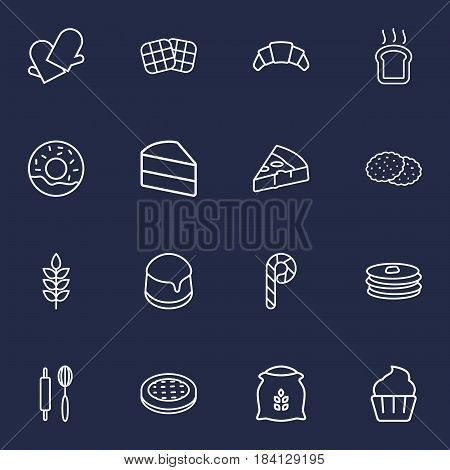 Set Of 16 Oven Outline Icons Set.Collection Of Cookie, Waffle, Candy Cane Elements.