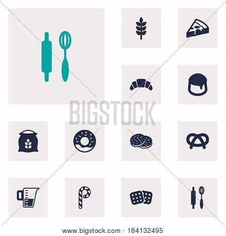 Set Of 12 Stove Icons Set.Collection Of Shortcake, Snack, Striped Lollipop And Other Elements.