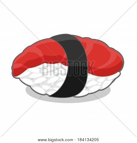 Delicious nigiri maguro sushi with tuna fish and seaweed nori ribbon. Vector illustration isolated on a white background.
