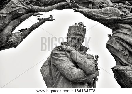 BAKU AZERBAIJAN - 21 NOV 2013 Guseyn Javid monument detail. Monument to Azerbaijani writer by sculptor Omar Eldarov on Huseyn Cavid Bagi in the centre of the capital