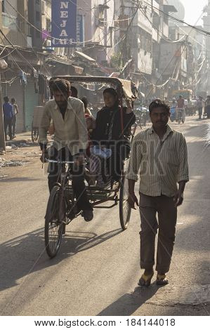 DELHI INDIA - APR 1 : rickshaw taxi service in chawri bazar at old delhi. old delhi is famous place of delhi on april 1 2015 india