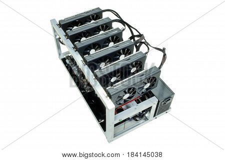 Computer for Bitcoin mining, isolated on white background