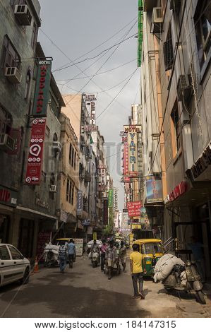 DELHI INDIA-MAR 29 : street of cheap hotel in Arakashan road paharganj. this area is tourist hub in delhi on march 29 2015 india