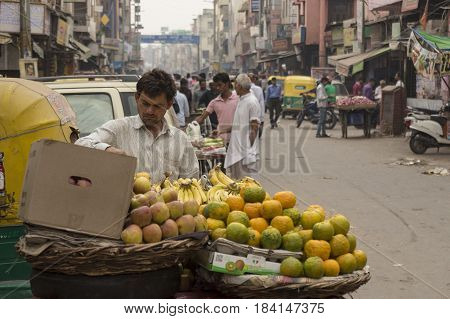 DELHI INDIA-MAR 29 : orange sell stall in Arya Nagar Road paharganj. this area is large tourist hub in delhi on march 29 2015 india