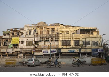 DELHI INDIA - JUN 19 : architecture of old building in chawri bazar in morning. this old market is large hardware market of delhi on june 19 2015 india