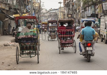 DELHI INDIA - MAR 29 : traffic in chawri bazar near ajmeri gate. there are many rickshaw in this area of delhi on march 29 2015 india