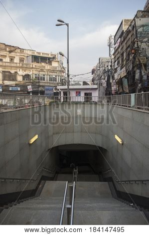DELHI INDIA - APR 1 : delhi metro entrance way at hauz qazi chowk in chawri bazar. delhi metro is massive public transportation of delhi on april 19 2015 india