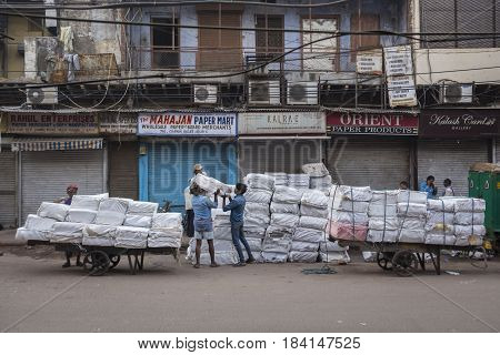 DELHI INDIA - APR 1 : goods transportation in morning at chawri bazar. this area is biggest wholesale market in old delhi of Delhi on april 1 2015 india