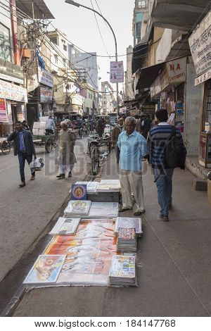 DELHI INDIA - DEC 10 : poster stall on footpath at chawri bazar. this area is bigest marketplace of delhi on december 10 2014 india