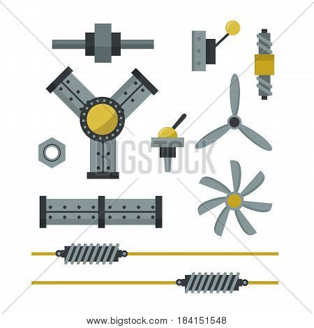 Part of machinery flat icon manufacturing work detail design gear mechanical equipment industry technical engine. Vector technology element engineering metallic factory tool.