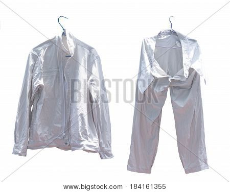 Uniform dry clothes in the sun on white background.