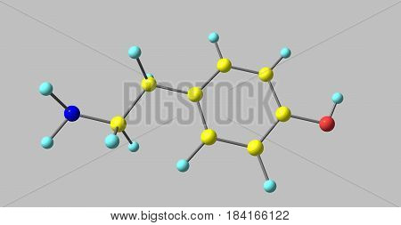 Tyramine is a naturally occurring trace amine derived from the amino acid tyrosine. 3d illustration
