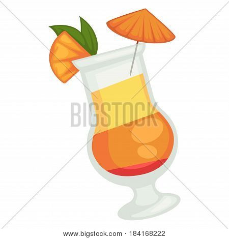 Colored cocktail of three layers in tall glass with orange umbrella and piece of grapefruit on white background. Modern drink decorated chunk of fruit with green leaf vector illustration in flat style