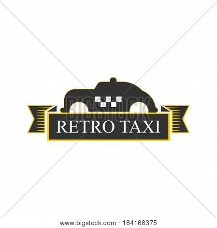 Retro taxi logotype with vintage car in yellow and black colors isolated on white. Vector illustration in flat design of delivery passengers service, taxiing template badge for private transport