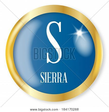 S for Sierra button from the NATO phonetic alphabet with a gold metal circular border over a white background