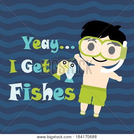Cute Boy with diving glasses vector cartoon, Summer postcard, wallpaper, and greeting card, T-shirt design for kids