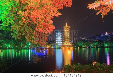 Moon and Sun Pagoda temple in Guilin China