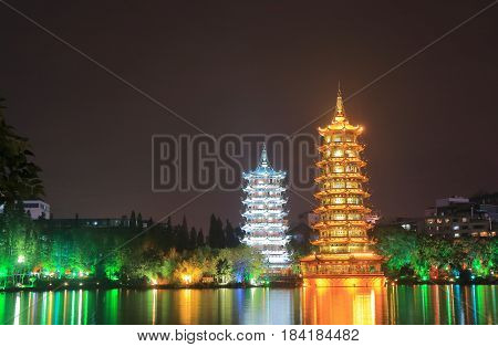 Moon and Sun Pagoda temple in Guilin China