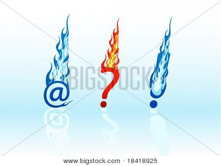 Set of vector colored fire question marks, exclamation marks, and e-mails