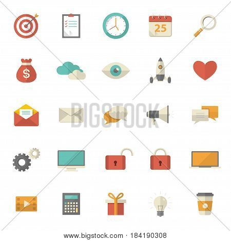 Set of 25 flat office, business, media and web design icons. Vector illustration eps10