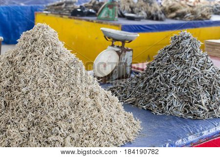 Photo from traditional exotic tribal market pasar in Indonesia on the Kalimantan island Dried fish Indonesia