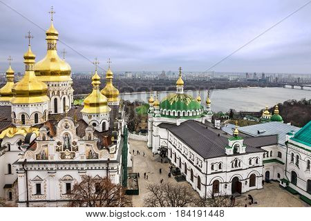 Kiev, Ukraine. Cupolas of Pechersk Lavra Monastery and river Dniepr panoramic city view