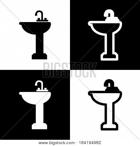 Bathroom sink sign. Vector. Black and white icons and line icon on chess board.