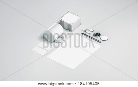 Blank white office stationery set mock up isolated 3d rendering. Empty corporate branding identity mockups presentation. Clear space work supplies template for logo design isometric view elements.