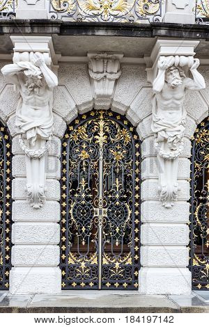 Old door trellised pig-iron Linderhof Palace, Germany, Bavaria