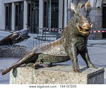 Munich, Germany - April 3, 2017: Bavarian Boar sculpture near nature museum of Minich
