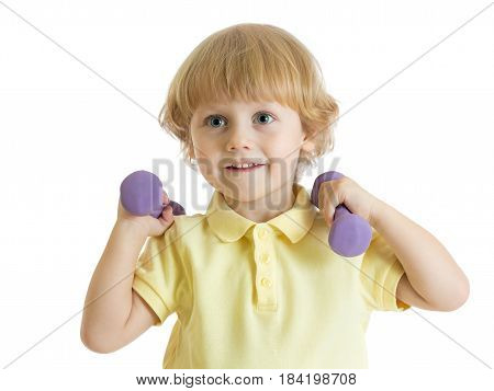 Cute child with dumbbells. Portrait of sporty kid boy in yellow t-shirt isolated on white background.