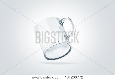 Blank transparent glass mug mock up isolated no gravity view 3d rendering. Clear 11 oz coffee cup mockup for sublimation printing. Empty crystal gift pint branding template. Glassy restaurant pint