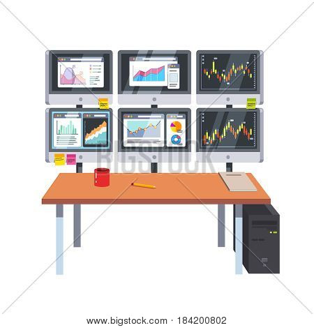 Desk, computer screen panel. Monitoring statistical sell data, financial market graphic, candlestick chart, stock. Business concept. Flat style modern vector illustration isolated on white background.