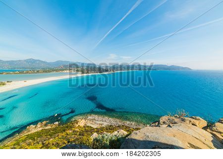 Porto Giunco coastline seen from above Sardinia