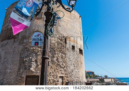 Alghero Italy - April 29 2017: Giro d'Italia banner in the seafront