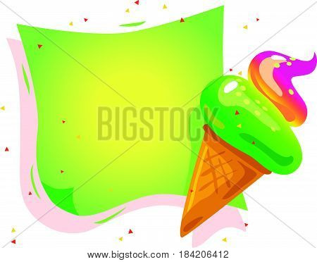 Vector flat cartoon banner with colorful paper sheet and tasty shiny ice cream cone isolated on white background. Note reminder sticker, web banner element design. Summer advertisement poster, placard