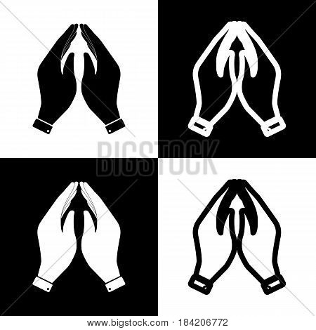 Hand icon illustration. Prayer symbol. Vector. Black and white icons and line icon on chess board.