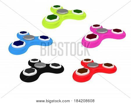 3d render illustration of fidget spinner stress relieving toy in multi colors isolated on white