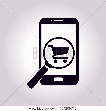 Glass searching for shoping on smart phone. Online shoping icon.