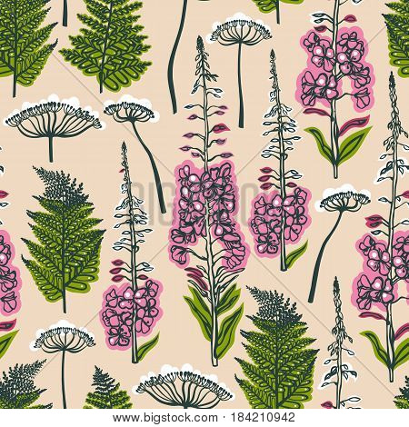 Seamless pattern with forest and field plants and flowers. Angelica, fern, fireweed. Background with medical herbs. Vector illustration.