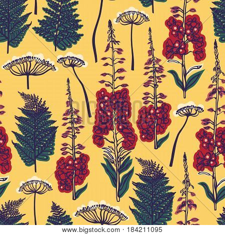 A seamless pattern with forest and field plants and flowers. Angelica, fern, fireweed. Background with medical herbs. Vector illustration.