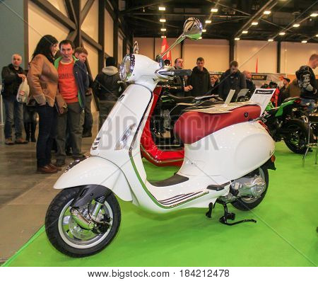St. Petersburg Russia - 15 April, White retro scooter,15 April, 2017.
International Motor Show IMIS-2017 in Expoforurum.
Motorcycles and motoconcepts presented at St. Petersburg Motor Show.