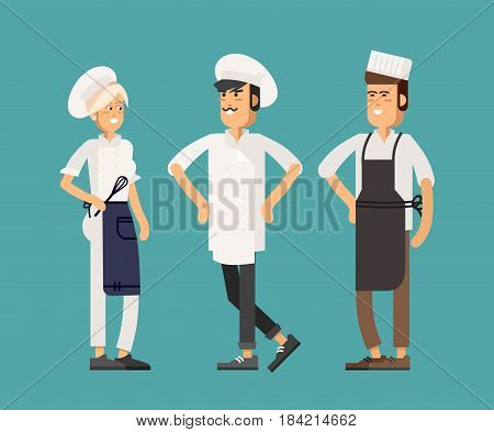 Cool vector flat design culinary and cuisine professionals. Smiling restaurant chef kook with assistants silhouettes isolated. Catering cuisine staff characters