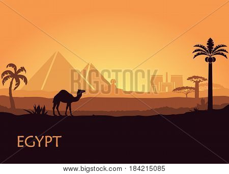 Camel in wild Africa pyramids and Luxor temple landscape background illustration