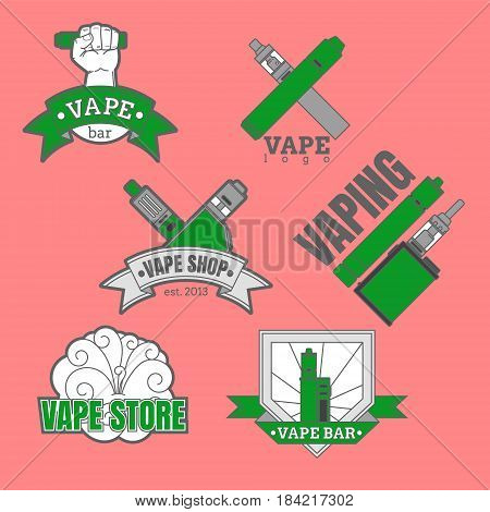 Set of different vaping logotypes colored on pink background. T-shirt, shop, bar, store logos. Part 1. EPS10