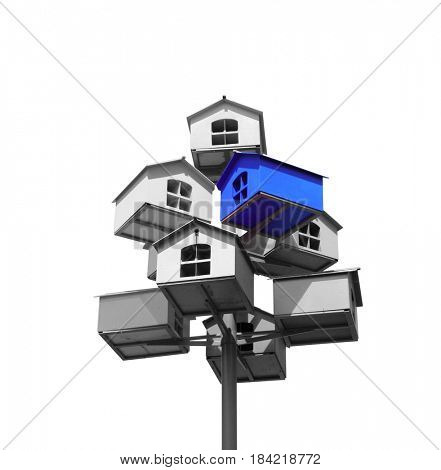 Many nesting boxes of gray color and single nesting box of blue color. Isolated on white background