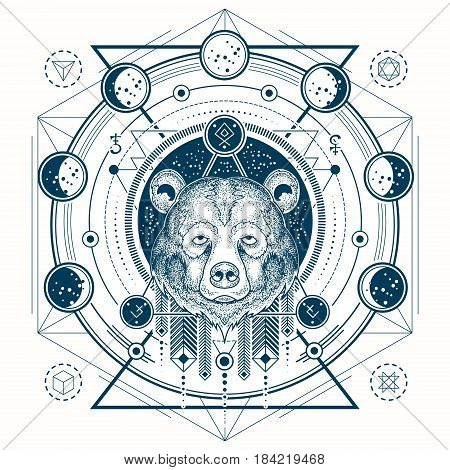 Vector illustration of a front view of a bear s head, geometric sketch of a tattoo, print with moon phases. Abstract ethnic tribal pattern.