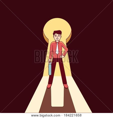 Businessman standing in giant keyhole shaped doorway. Key person business metaphor. Modern flat style thin line vector illustration isolated on white background.